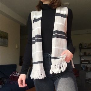 Cream and grey-blue striped knit vest with fringe